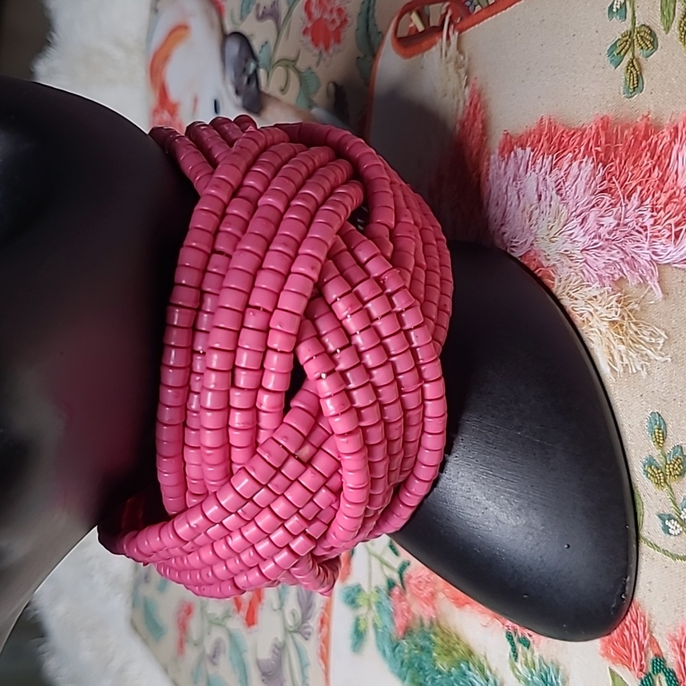 Hot Pink Cuff Bracelet Flexible Woven Five Strand Seed Beads Knot 2 Inches Wide
